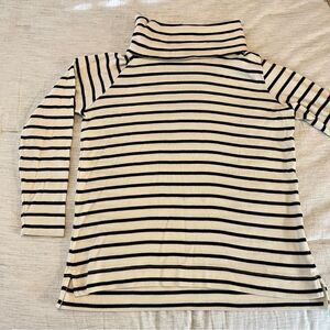 L.L. Bean Women's Large Turtleneck Sweater Blue Cream Striped Side Slit Pullover